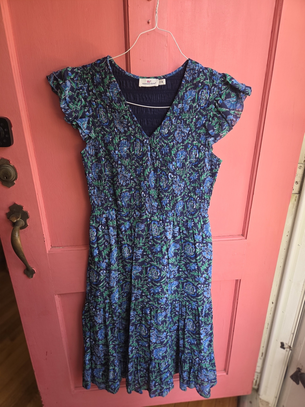 Vineyard Vines Teal & Navy Paisley V-Neck Midi Dress - Picture 2 of 4
